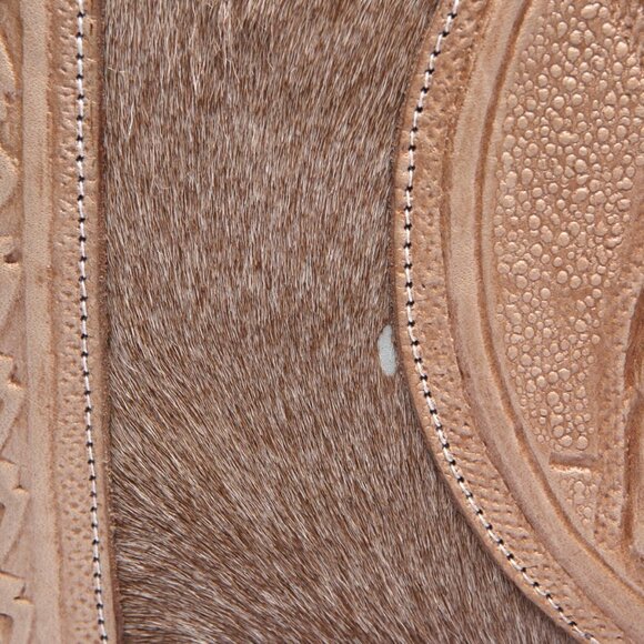 Vintage Mexican Tooled Leather Handbag Purse Pony Hair Mayan Art Double Handles - Picture 12 of 15